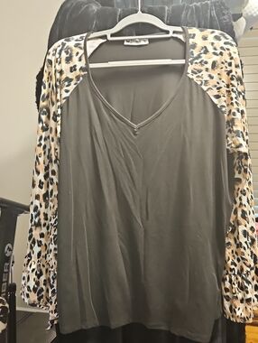 Women's Black V-Neck Top with Leopard Print Sleeves